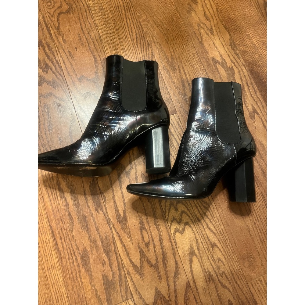 Donald Pliner Black Patent Crinkle Leather Hexagonal Block Heel Ankle Boots 8M